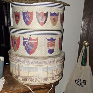 Decorative Stacked Round Storage Hat Boxes - Cream, Red, Purple
